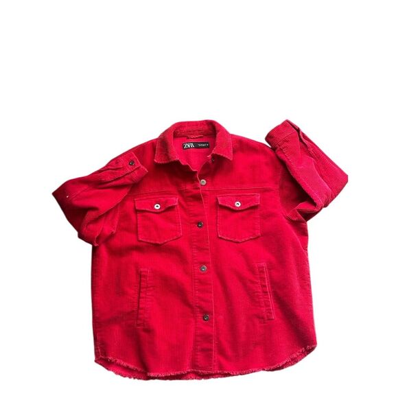 Zara Women's Red Corduroy Shacket Size S Long Sleeve Casual Button-Up - Picture 6 of 8
